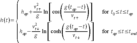 h(t) = hap+vt,up^2/g * ln(cos(g(tap-t)/vt,up)) for t0<t<tap and hap-vt,down^2/g * ln(cosh(g(tap-t)/vt,down)) for tap<t<tend